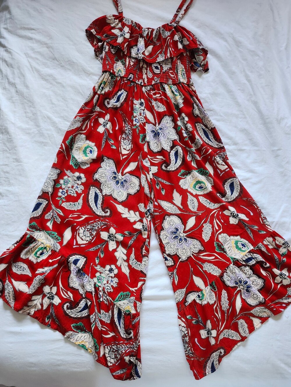 Boho Red Floral Wide-Leg Ruffle Jumpsuit